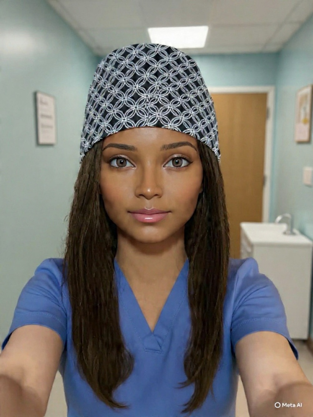 Handmade Black and White Print Scrub Cap/ Nurse Hat